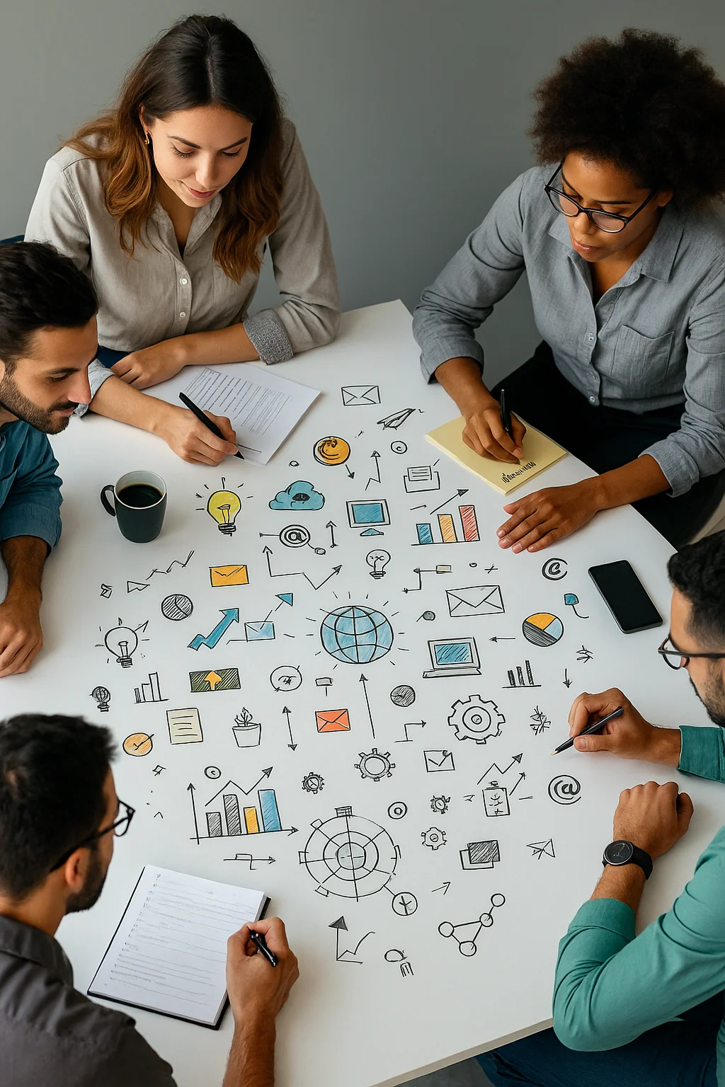 Team of professionals brainstorming around a table, representing SME training services by City Folk Digital in marketing, leadership, and content design.