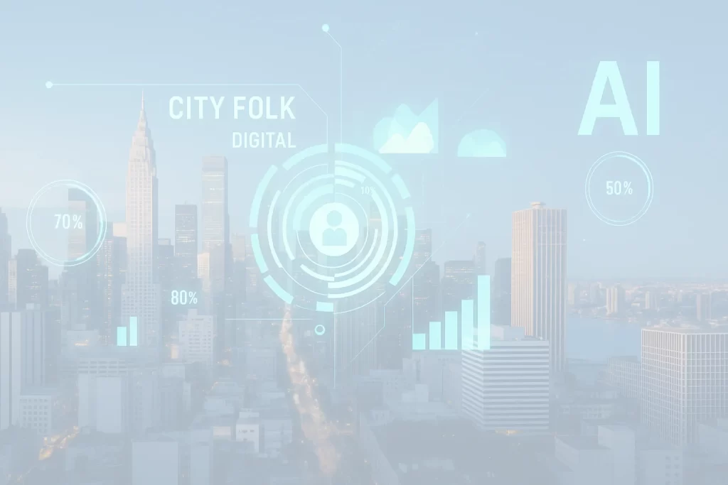 Illustration of a modern city skyline with digital graphics symbolising AI, leadership, and digital marketing - representing City Folk Digital’s business training services.