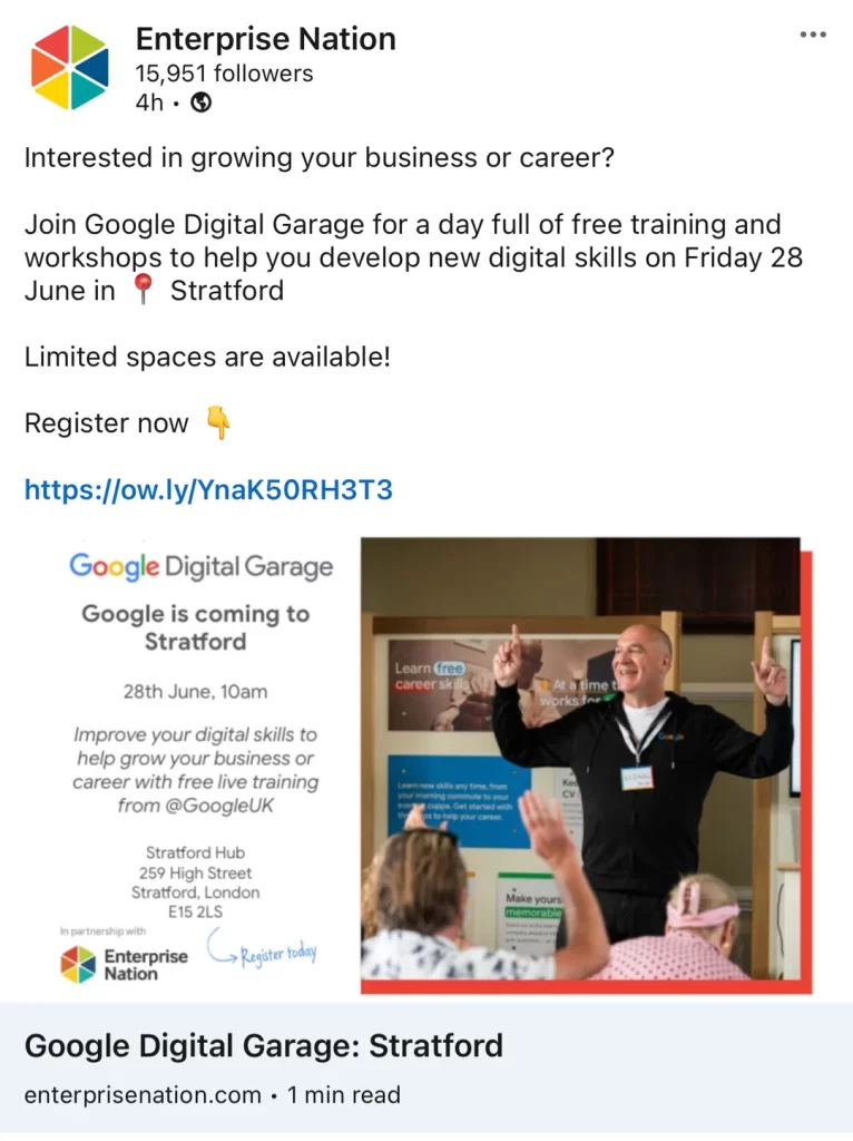 LinkedIn post by Enterprise Nation promoting Google Digital Garage training event in Stratford, featuring Glenn as lead trainer delivering free digital skills workshops.
