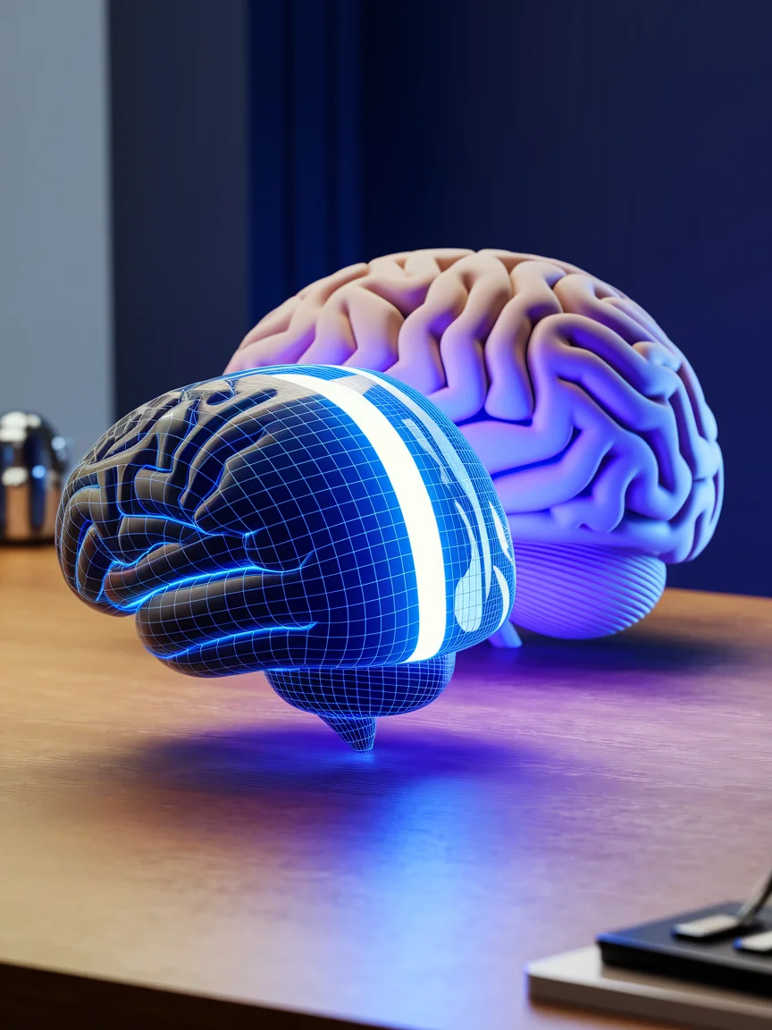 A realistic human brain placed beside a glowing blue wireframe digital brain with a data stream, symbolizing human and digital intelligence synergy.