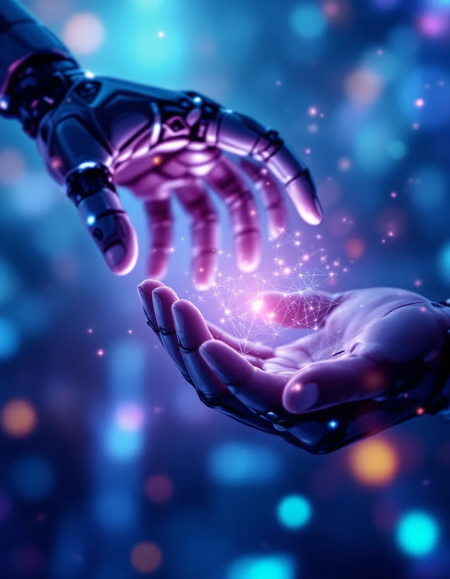 AI or robotic hand reaching towards a human hand with glowing digital particles, representing empowerment and future-focused digital transformation.