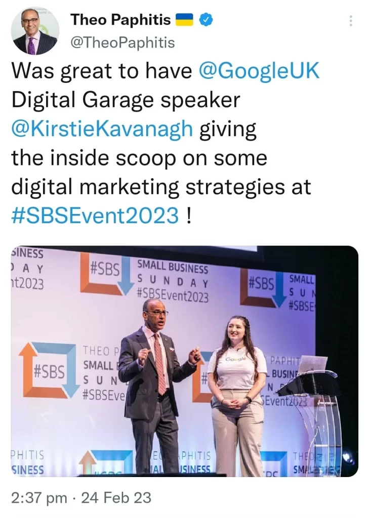 Kirstie Kavanagh and Theo Paphitis on stage at SBS Event 2023, presenting a Google Digital Garage session on digital marketing strategy for small businesses.